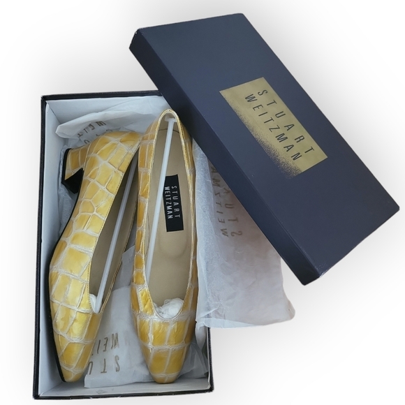 Stuart Weitzman Osbentley Champagne Maxi Croc Embossed Heel Pump Size 8 AA - Picture 1 of 8